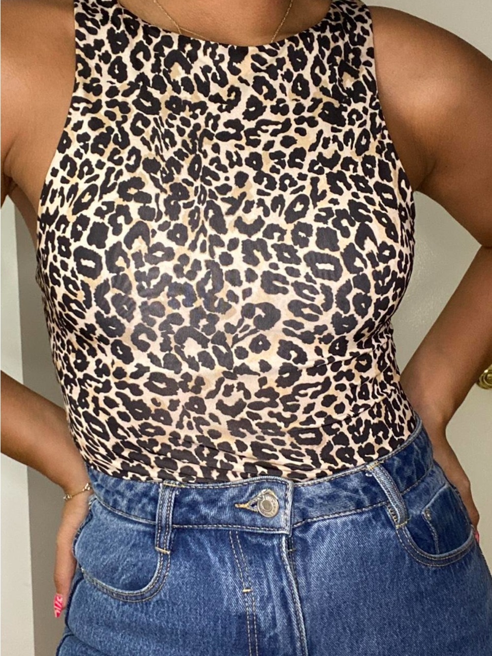 Zara Leopard Print Sleeveless Bodysuit in Beige and Black